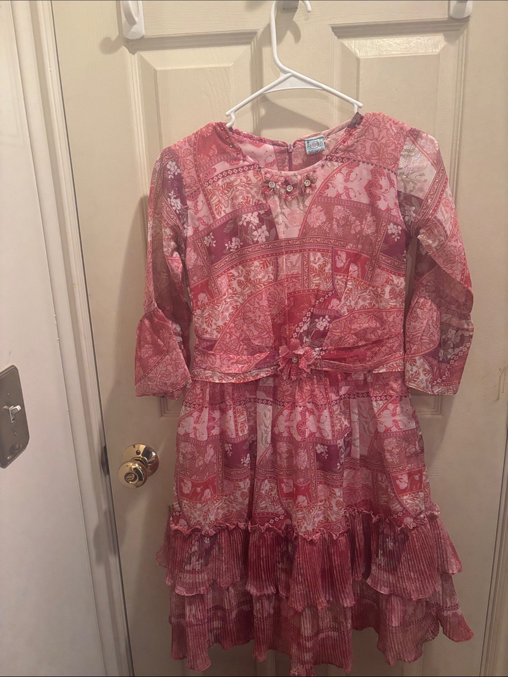 Girls' Pink boho Patterned Tiered Dress with Bow, 8-10 yrs